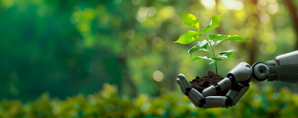 Robot hand holds plant with soil on green blurred background, wallpaper. Sustainable technology, eco-friendly tech artificial intelligence in agriculture concept.