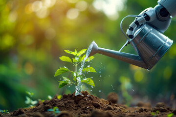 Robot hand planting a small tree with watering can on green blurred background, wallpaper. Sustainable technology, eco-friendly tech artificial intelligence in agriculture concept.