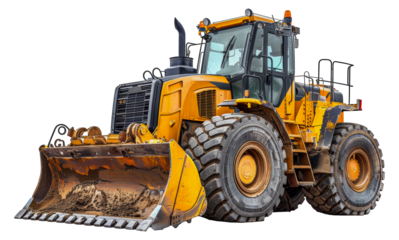 Heavy duty yellow construction vehicle with large bucket, cut out - stock png.