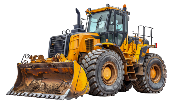 Heavy duty yellow construction vehicle with large bucket, cut out - stock png.