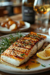 Grilled fish on a white plate next to a bottle of wine