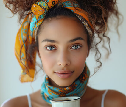 Mujer joven 30s, tez morena, ojos claros, cabello recogido con un pa&ntilde;uelo colorido, cogiendo una taza de caf&eacute; o infusi&oacute;n, sobre fondo claro, primer plano, recurso gr&aacute;fico, seguridad, finanzas, trabajo