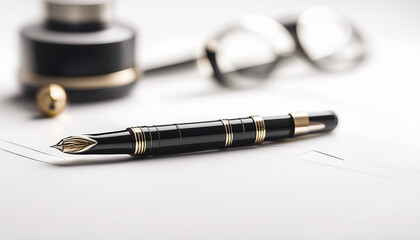 classy fountain pen on blank notebook, isolated white background
