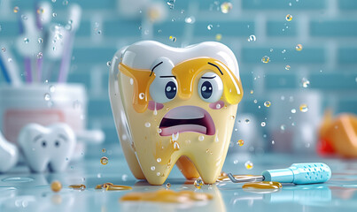 Ilustración una muela con sarro sudando la gota fría cuando ve un rascador de placa bacteriana dental, cara de sufrimiento, fondo difuminado consultorio dentista, predomina el azul, blanco y amarillo
