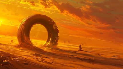 Transport yourself to a windswept desert plain, where a golden tire stands as a solitary monument against the vast expanse of dunes, bathed in the warm glow of the setting sun.