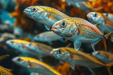 Fototapeta premium School of Mackerel swimming in open waters, representing marine biodiversity. 