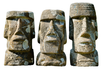 Set of three ancient tribal stone idols with detailed carvings, cut out - stock png.