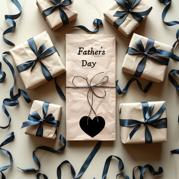 Regalos rodeando tarjeta sobre en papel marr&oacute;n, con coraz&oacute;n negro, para celebrar el D&iacute;a del Padre, Father's Day, rodeado de cintas de raso, sobre un fondo color crema