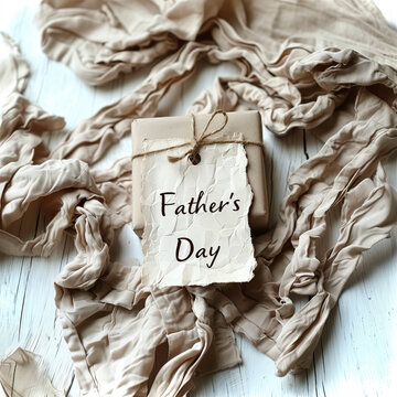 Regalo peque&ntilde;o envuelto en papel marr&oacute;n, con tarjeta para celebrar el D&iacute;a del Padre, Father's Day, rodeado de una tela beige tipo tul, sobre un fondo de madera pintado blanco
