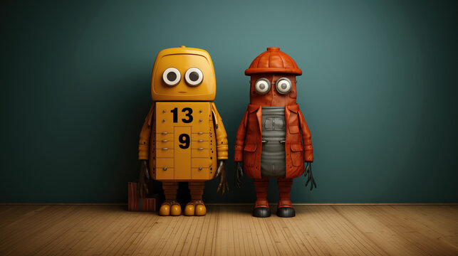 2 seres humanoides o rob&oacute;ticos, rojo y amarillo, de pie, en posici&oacute;n se busca, dise&ntilde;o conceptual divertido promover la idea de diversidad, diferentes culturas y/o religiones, mundos, extraterrestres