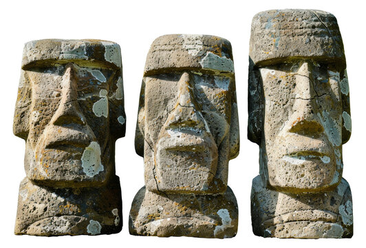 Set of three ancient tribal stone idols with detailed carvings, cut out - stock png.