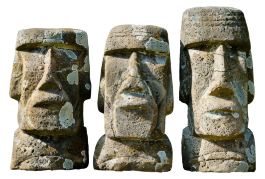 Set of three ancient tribal stone idols with detailed carvings, cut out - stock png.