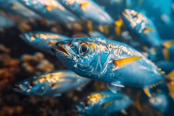 Fototapeta premium School of Mackerel swimming in open waters, representing marine biodiversity. 