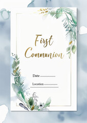 Invitación para la primera comunión, sencilla, tonos verdes, azul grisáceo, dorado, blanco, texto, día y lugar, orientación vertical, elegante, de estilo sobrio. First Communion