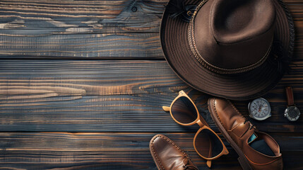 Stylish male accessories on wooden background - Powered by Adobe