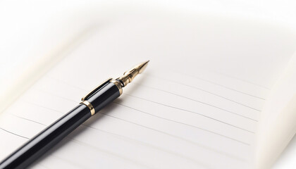 classy fountain pen on blank notebook, isolated white background

