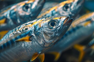 Obraz premium School of Mackerel swimming in open waters, representing marine biodiversity. 