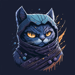"Frostbitten Fury" T-shirt design showcasing a kitten assassin amidst a snowstorm, lethal and agile with floral embellishments.