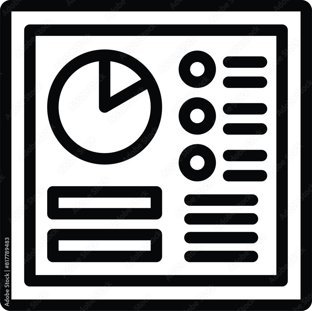 Poster black and white line art of an icon depicting a business report with pie chart and bullet points