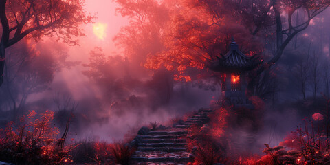 Fototapeta premium A Chinese pagoda stands surrounded by mist in a dense forest