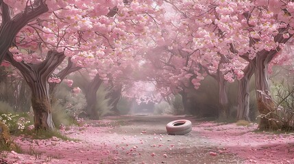Wander through a tranquil cherry blossom garden, where a blush pink tire rests delicately amidst the soft petals, evoking a sense of serenity and natural beauty.