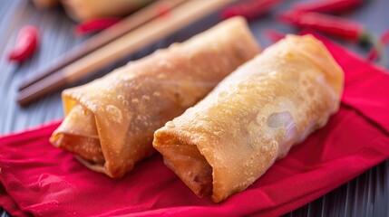 Crunchy Fried Shanghai Spring Rolls on a Red Cloth, with Chopsticks in the Background, Generative AI
