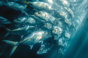 School of Mackerel swimming in open waters, representing marine biodiversity. 