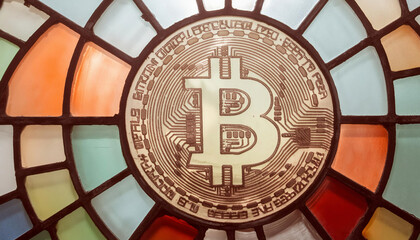 A large colorful stained-glass window with the bitcoin symbol, creating an ethereal effect	