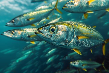 Fototapeta premium School of Mackerel swimming in open waters, representing marine biodiversity. 