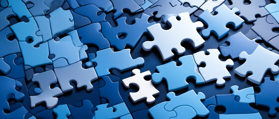 Blue colored 3D-rendered puzzle pieces scattered on a vibrant blue background