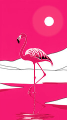 Obraz premium Elegant Isolation: A Vibrant Pink Flamingo Graciously Standing Amidst a Serene Landscape, Captured in a Unique and Minimalistic Raster Illustration. Flamingo in the water