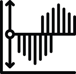 Black and white icon representing a bar graph with rising and falling values indicated by arrows