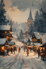 Watercolor painting depicting a bustling Christmas market in a snowy setting