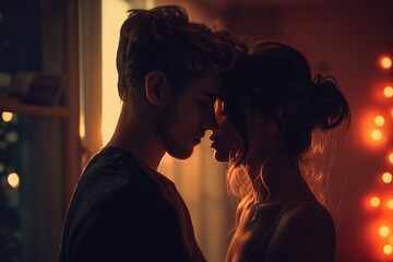 Sensual romantic young caucasian couple in love before the kiss close up photo
