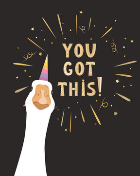 White goose head with unicorn horn and You got this lettering lettering in Scandinavian style. Funny inspirational card. Vector isolated illustration.