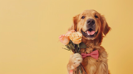 Photo of a smiling golden labrador retriever on a soft yellow background with copy space. He has a...