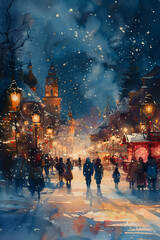 A painting depicting individuals strolling along a snowy street in a city square