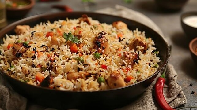 Chicken Dhun Biryani with Jeera Rice and Spices, Generative AI