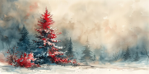 Watercolor painting of a red tree standing in a snowy landscape copy space