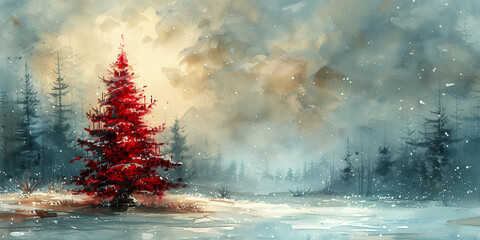 A watercolor painting of a vibrant red Christmas tree standing in a snowy landscape copy space