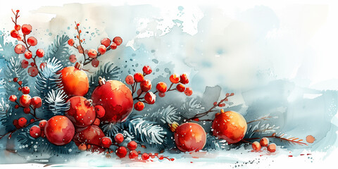 Watercolor illustration featuring vibrant oranges and plump berries copy space