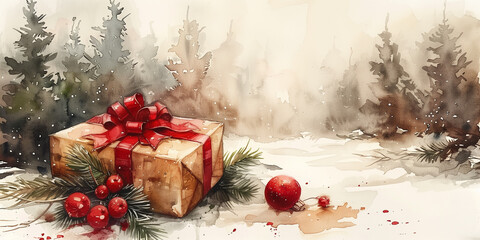 Watercolor illustration of a craft Christmas gift box surrounded by snow copy space