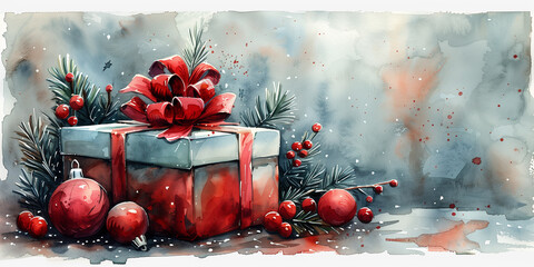 Watercolor illustration of a craft Christmas gift box copy space
