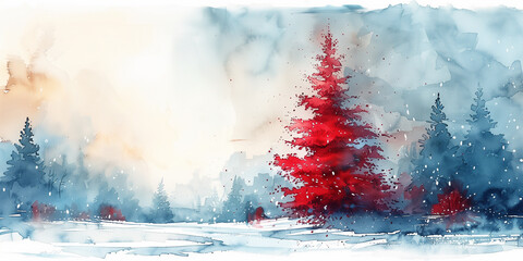 Watercolor painting of a red tree standing in snowy landscape copy space