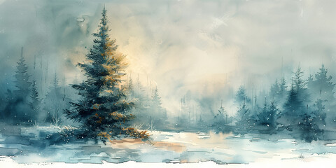 Watercolor painting of a pine tree covered in snow copy space