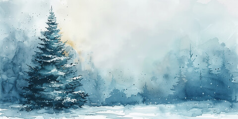 A green Christmas tree covered in snow depicted in a watercolor painting copy space