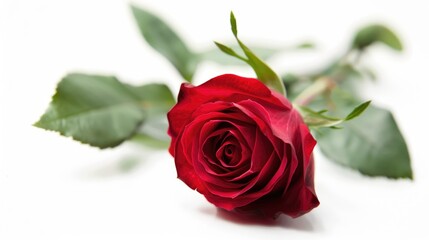 A single red Rose lying down on a white background, Family Rose Avalanche