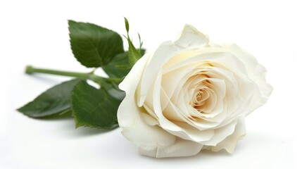 A single white Rose lying down on a white background, Family Rose Avalanche