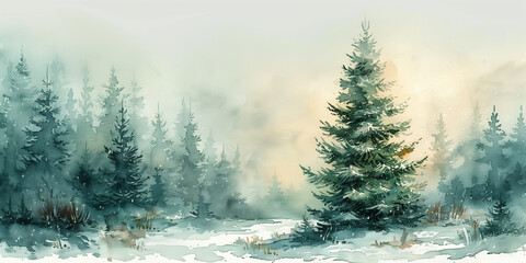 Watercolor painting of a snowy forest with green Christmas trees copy space