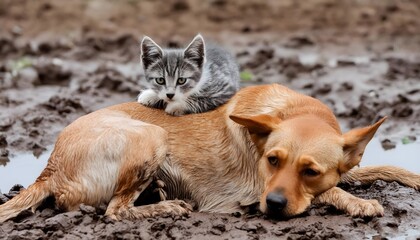 A cat cuddling on top of a dog in the mud